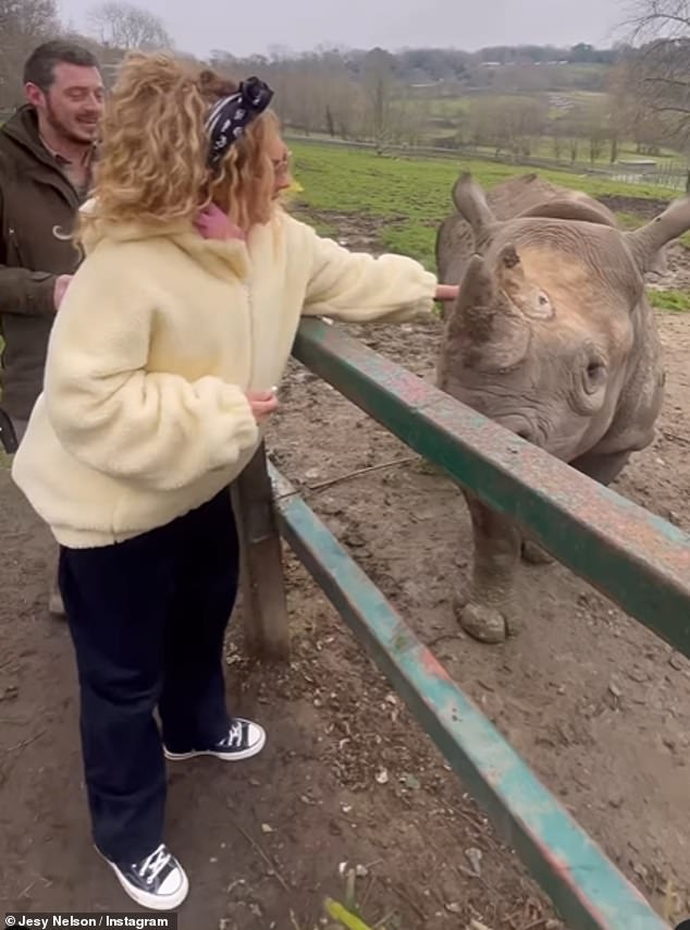 Animal lover: Jesy was also seen petting and feeding a rhino while enjoying her time at the safari park.