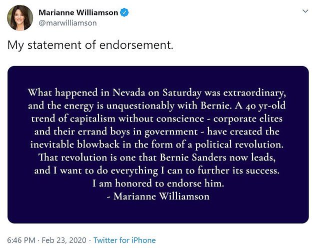 Williamson withdrew in 2020 before the Iowa caucuses and later endorsed Senator Bernie Sanders after his victory in the Nevada caucuses.