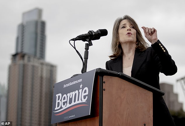 Williamson is pictured endorsing Sanders in Austin, Texas on February 23 before Super Tuesday.