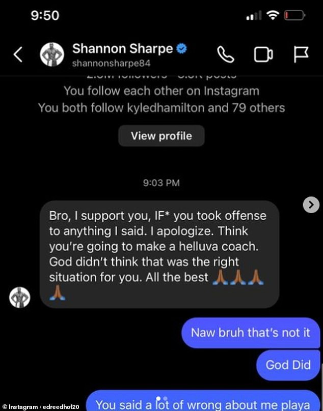 Reed exposed his Instagram DMs with Sharpe after Wednesday's episode of 'Undisputed'