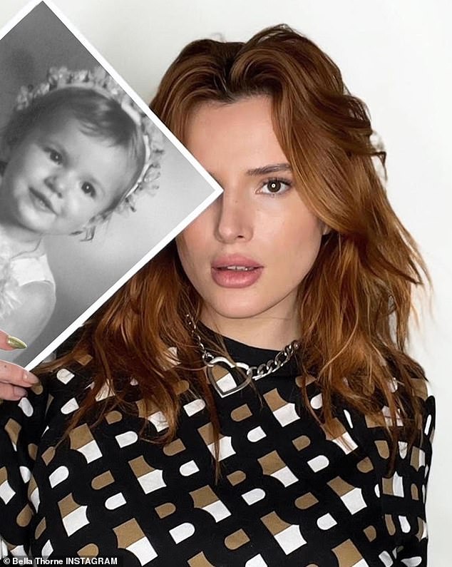 Flower power: Bella Thorne appeared to be wearing the same top, along with a chunky metal heart-shaped necklace, while her young photo showed her wearing an adorable flower-covered headband