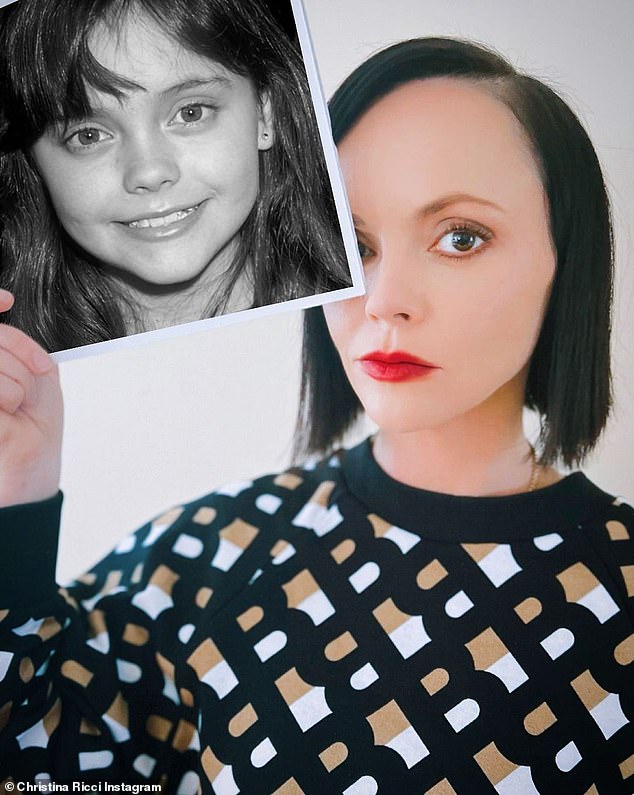 Short hair, it doesn't matter: Christina Ricci was also a fan of the same blouse.  She contrasted the long hair of her in the childhood photo of her with her severely styled blunt cut bob.