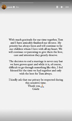 Bundchen confirmed the divorce in a statement on Instagram