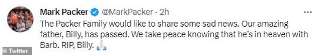 Packer's son, Mark, said his father had been hospitalized in Charlotte for the past three weeks and had various medical problems, eventually succumbing to kidney failure.