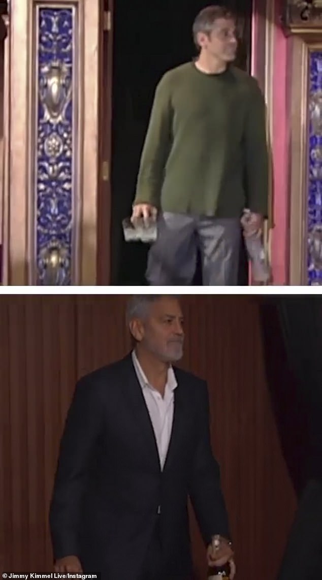 Flashback: Clooney, now 61, arrived in his now-signature black suit with a white shirt, which contrasted with his brown dress pants and green sweater from 20 years ago.