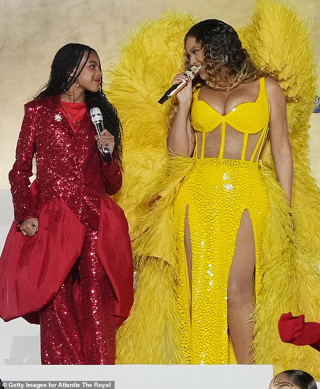 Duet: Not pictured is her eldest daughter, Blue Ivy, 11, who joined her to sing their collaboration, Brown Skin Girl, at a launch show for the new luxury hotel, Atlantis The Royal, on Saturday in Dubai.