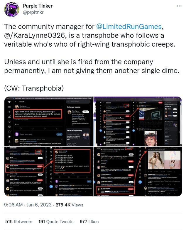 Blank, who uses the pseudonym Purple Tinker, posted screenshots showing Lynne following various conservative Twitter accounts.  Blank said the accounts are transphobic and he would boycott limited run games. 