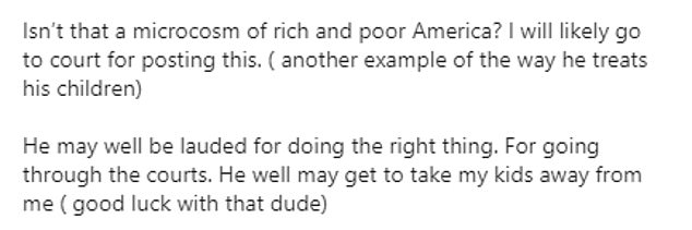 The divorce has been anything but amicable.  Evans has repeatedly taken to social media to discuss the split, and one post (pictured) accused Gruffudd of using money he should have spent on the welfare of his daughters in his legal case.