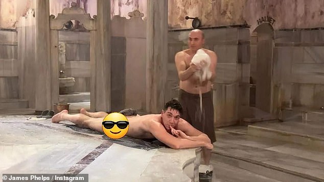 Show: James also shared a photo of himself naked in what looked like a wooden spa while a man nearby was holding a large washcloth