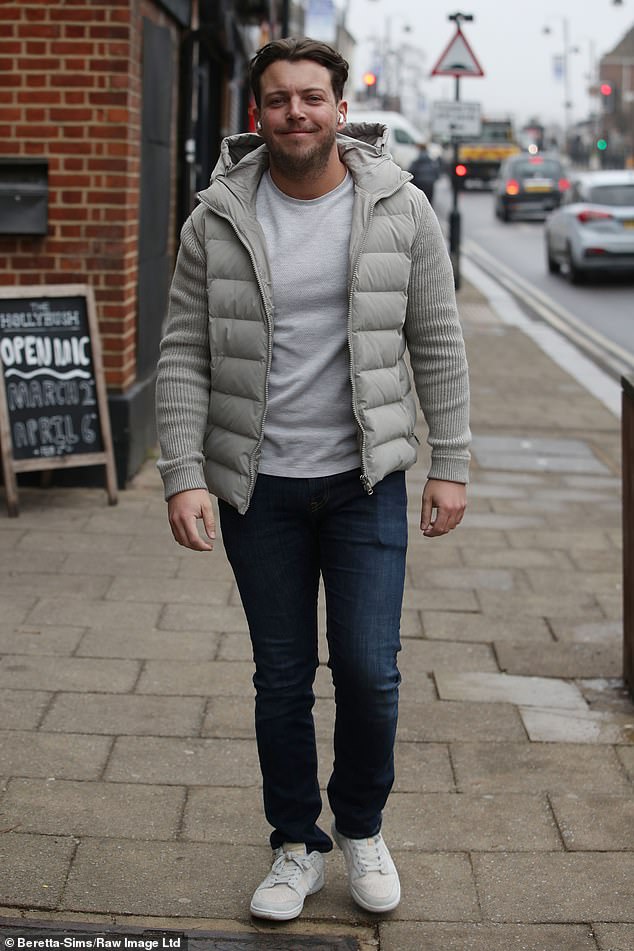 Casual: James 'Diags' Bennewith kept things casual in a pair of jeans and a beige jacket as he stepped out to film