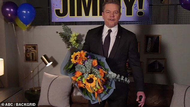 Carnage: Damon waited patiently in his dressing room with flowers and a cake for the talk show host when Kimmel snubbed him again, causing him to lose his temper.