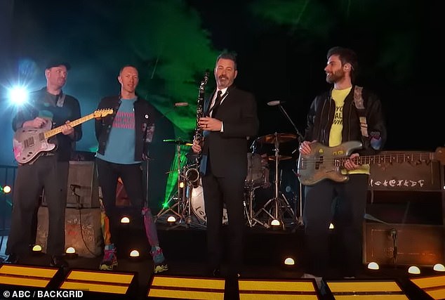 Iconic: After performing with Coldplay, Kimmel closed the show by thanking everyone who turned up before making the snub.  He said: 'I want to apologize to Matt Damon, we ran out of time for him'