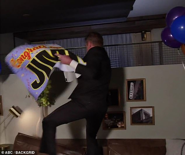 What!  The Jason Bourne star ripped off a congratulatory banner and smashed the flowers into a table in frustration.  He raged: 'What the hell is 20 years of this shit?  F***Kimmel'