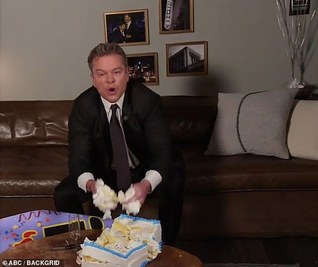 'I can't believe I baked you a cake': As he smashed the big cake with Kimmel's face on it with his fists, Damon added: 'Stupid cake, stupid face!  The Most Overrated Talk Show Host Ever