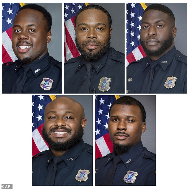 Five officers (top, left to right) Tadarrius Bean, Demetrius Haley, Emmitt Martin III, and (bottom, left to right) Desmond Mills Jr. and Justin Smith were charged with second-degree murder.