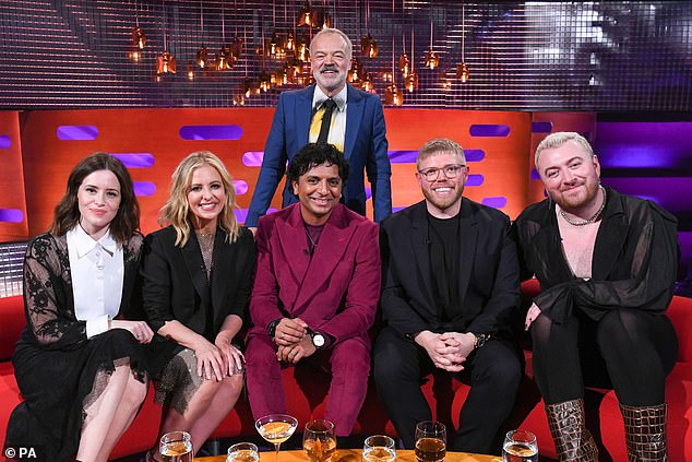 Stars: Graham Norton (back row) with (left to right) Claire Foy, Sarah Michelle Gellar, M Night Shyamalan, Rob Beckett and Sam Smith