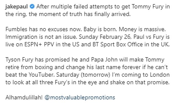 Oops: Tommy's boxing rival Jake claimed the baby was born on Friday, but Molly Mae and Tommy remained silent until Monday's post.
