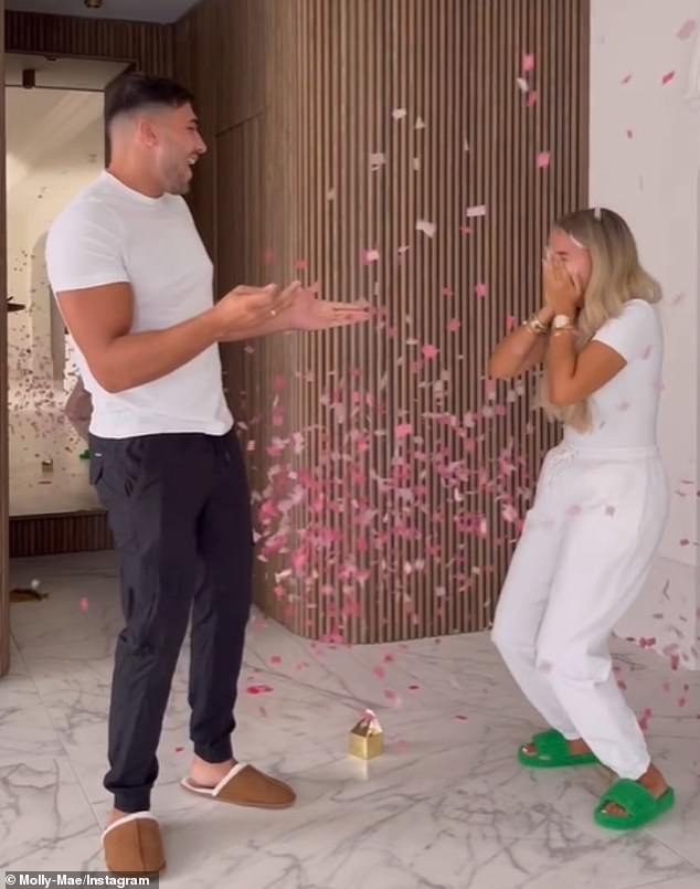 Baby Cheer: In October, Molly-Mae and Tommy revealed they were expecting a girl, popping a gender reveal balloon that showered them with pink confetti.