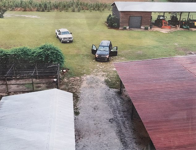 Other images show drone shots of the crime scene, including the buildings where the bloody bodies of Maggie and Paul Murdaugh were found.  Maggie was found by the red-roofed building.