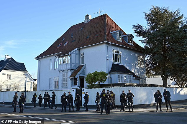 Police secure the area in front of the Turkish embassy in Copenhagen ahead of today's protest