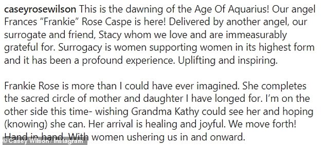 Joy: 'This is the dawn of the Age of Aquarius!'  the mother-of-three sang in the caption, adding: 'Our angel Frances "Frank" Rose Caspe is here!