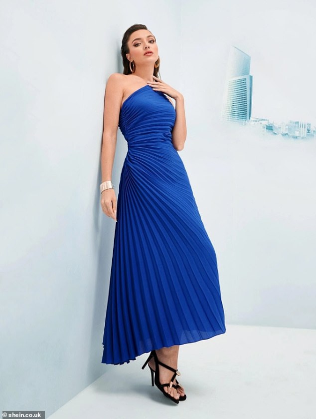 Spot the difference: Shein has a similar dress in cobalt blue for £19.99, much less than the designer version.  Pictured: SHEIN X BEEBA Ruched One Shoulder Ruched Dress