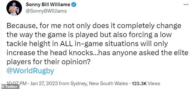 Williams fears there will be an increase in head strikes due to low tackling height