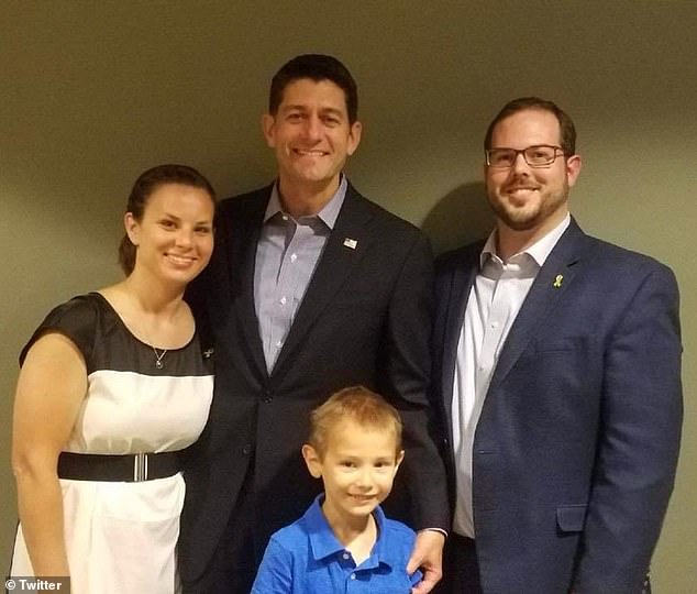 Ashley Poulos (left) has finally broken her silence and revealed details of her marriage to her ex-husband, John Poulos (right).  The couple is pictured with former House Speaker Paul Ryan and his son Jackson Poulos.