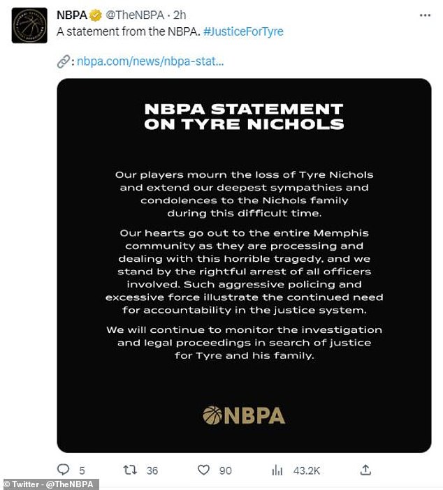 The National Basketball Players Association also sent its condolences to Nichols' family.