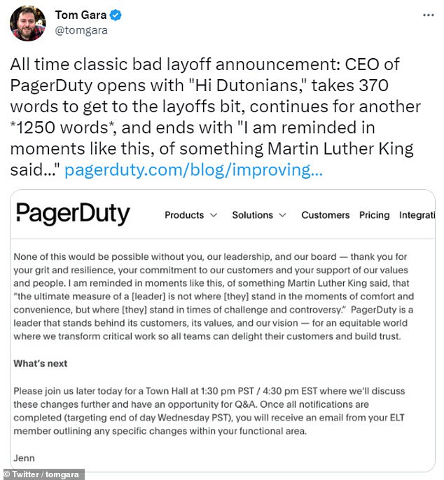 All-time classic bad layoff ad: PagerDuty CEO opens with 'Hello Dutonians', needs 370 words to get to the layoff part, continues with another *1250 words* and ends with 'Remember me in moments like this, something Martin Luther King said...' declared Tom Gara