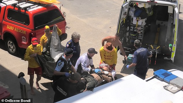 The three men got into trouble around 1:50 p.m. at Shelley Beach on Saturday, with two of them having to be brought ashore by jet ski.