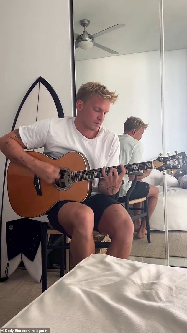 The singer-turned-champion swimmer, 26, sat back and plucked and strummed for his 4.8 million followers in a video shared to Instagram on Saturday.