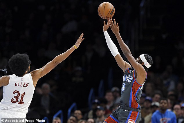 Thunder guard Shai Gilgeous-Alexander shoots over Cleveland Cavaliers center Jarrett Allen