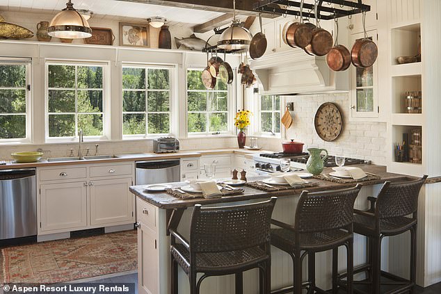 A well-equipped kitchen greets guests at Dunbar Ranch in Aspen, Colorado