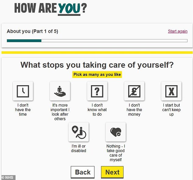 We all have reasons, sometimes excuses, for why we can't take better care of ourselves, so the quiz will then ask what's stopping you from doing so, with answers ranging from not having enough money or time to having to prioritise looking after others