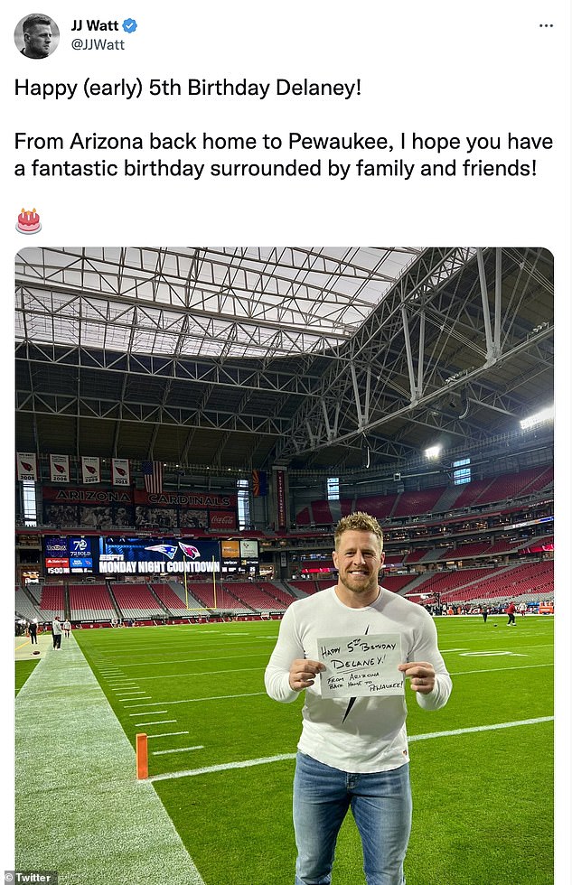 NFL Star JJ Watt moved to ship for Delaney's December birthday