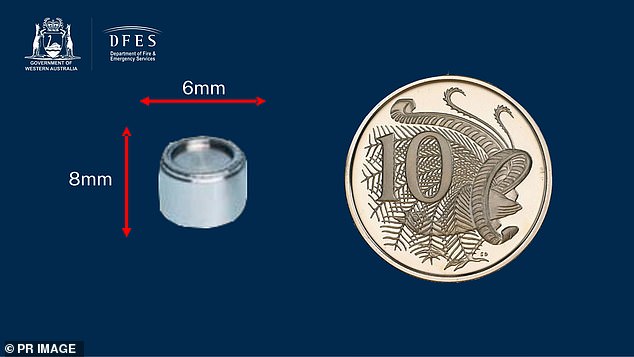 WA authorities said the small silver cylinder (left) is similar to the size of an Australian dime (right)