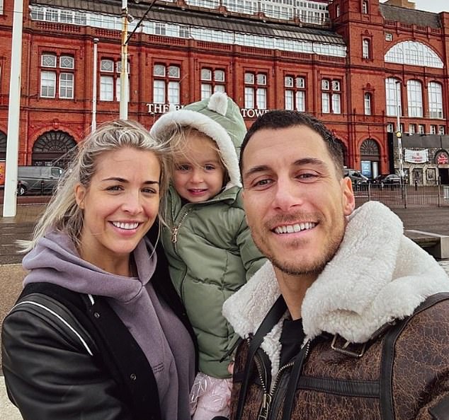 Family: Gemma recently shared a photo of her abode earlier this week with mugs in the background reading 'Mr' and 'Mrs' (pictured with daughter Mia, three)