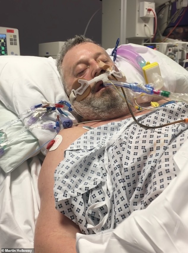 Martin Holloway (pictured), 64, of Colchester, was taken to hospital with blood clots, heart failure and colon issues in 2019