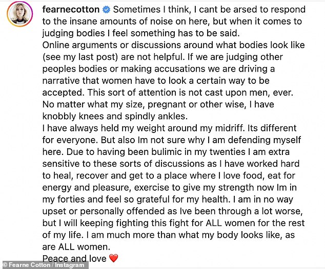 Hitting back: Fearne Cotton has hit out at cruel online trolls who criticized her for her appearance after she shared a photo of her in a mini dress online