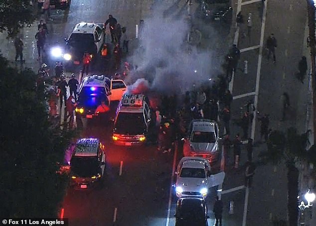 A protester was watching an LAPD cruise ship launch fireworks during a large march in the city.