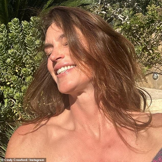 Soaking up the sun: The fashion icon flaunted her lustrous brown hair as she included a selfie of herself smiling in the sun