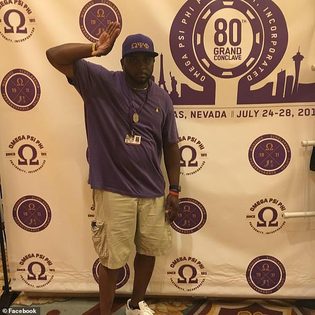 Steve Liverpool was arrested after he and another member of Brooklyn Omega Psi Phi struck a 45-year-old on his body, chest, back, buttocks and testicles between 150 and 200 times.  Pictured: Liverpool attending a frat event