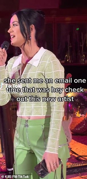 Style: The Roar singer appeared at the event wearing a pair of green leather pants with a green and white cropped sweater with a maze design.