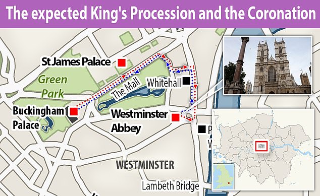 The celebrations will begin with the King's Procession, with the King and Queen Consort traveling from Buckingham Palace to the Abbey in the Gold State Coach.