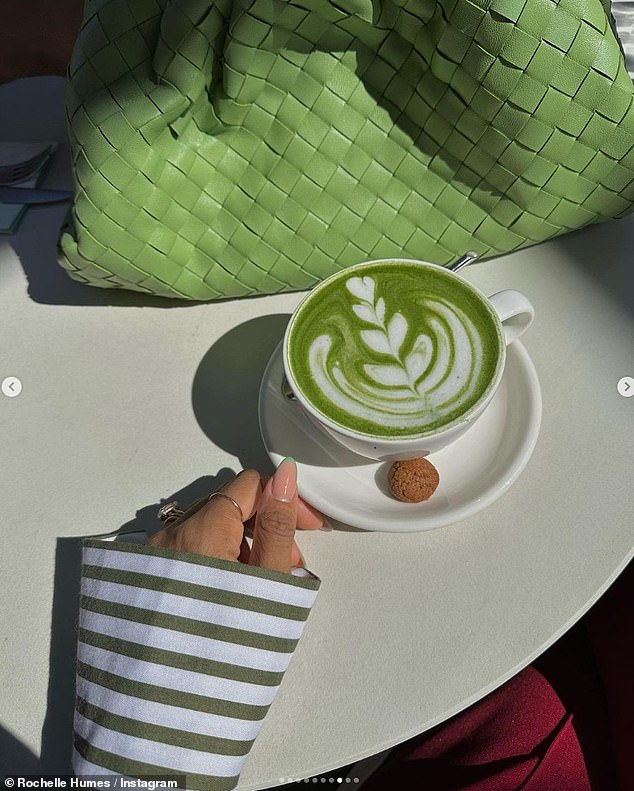 Cozy: Rochelle also posted a photo of herself enjoying a matcha in a sun-drenched spot on her photo dump