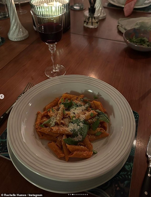 Yummy: Rochelle also enjoyed the pasta and wine, both of which she took a snap of and added to her post as well