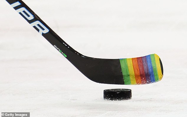 Zac Jones #6 of the Rangers skates with a decorated stick for 'Pride Night' on May 3, 2021