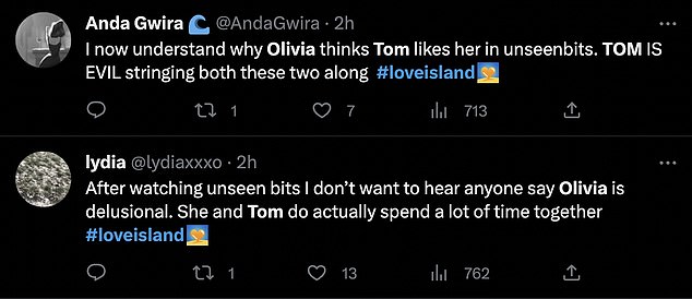 'Tie them along': And fans have claimed the unseen moments prove Olivia's affections for him aren't 'one-sided' and prove Tom has been 'unsure about who he wants'