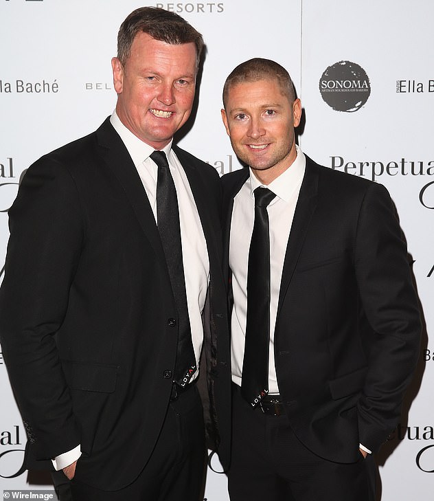 The article, titled 'Michael Clarke, Anthony Bell and Sydney's most intriguing boys' club', claimed that Bell was the founder of a boisterous 'boys' club' that lacked 'family values'.  Pictured: Anthony Bell and Michael Clarke in 2014